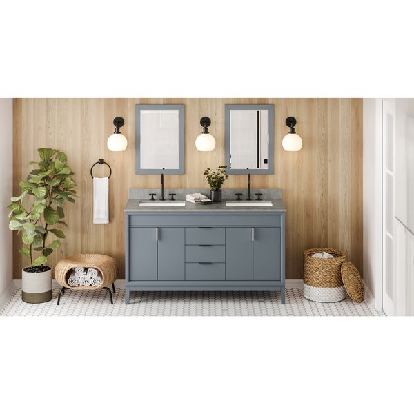 Jeffrey Alexander 60In. Blu Stl Theodora Vanity, Dbl Bowl, Steel Gry Cultured Mrbl Vanity Top, 2 Undrmnt Rctngl Bowls VKITTHE60BSSGR